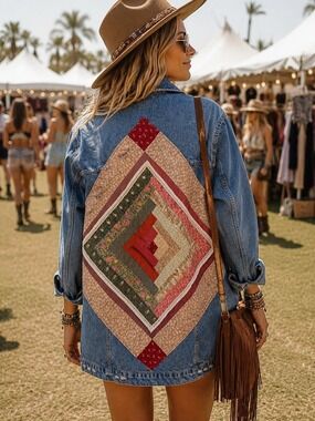 Upcycled Quilted Patchwork Denim Jacket | Handmade Cottagecore Boho Shacket | XL